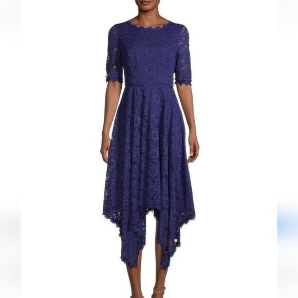 Shani Dresses & Skirts - Shani Lace Asymmetrical Sharkbite Hem Midi Blue Women Size 16